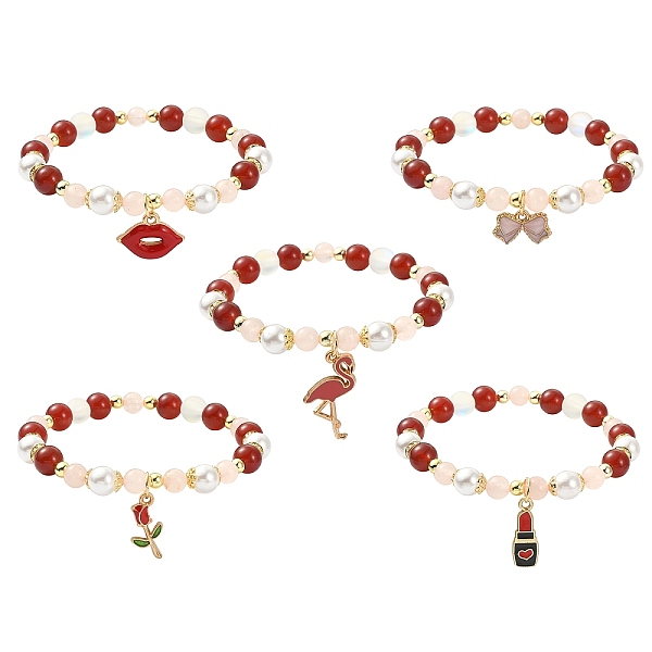 

PandaHall Natural & Synthetic Mixed Gemstone Round Beaded Stretch Bracelet, Alloy Charms Valentine's Day Theme Bracelet, Mixed Shapes, Inner...