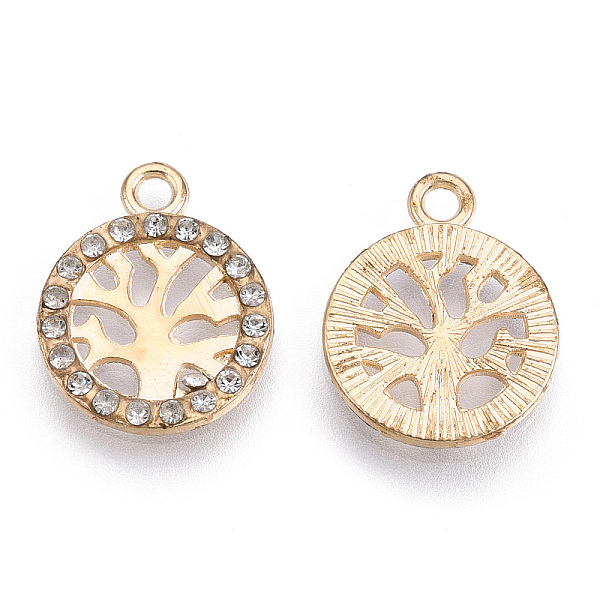 

PandaHall Alloy Pendants, with Crystal Rhinestone, Cadmium Free & Lead Free, Flat Round with Tree, Light Gold, 17.5x14x2mm, Hole: 1.8mm..., Clear