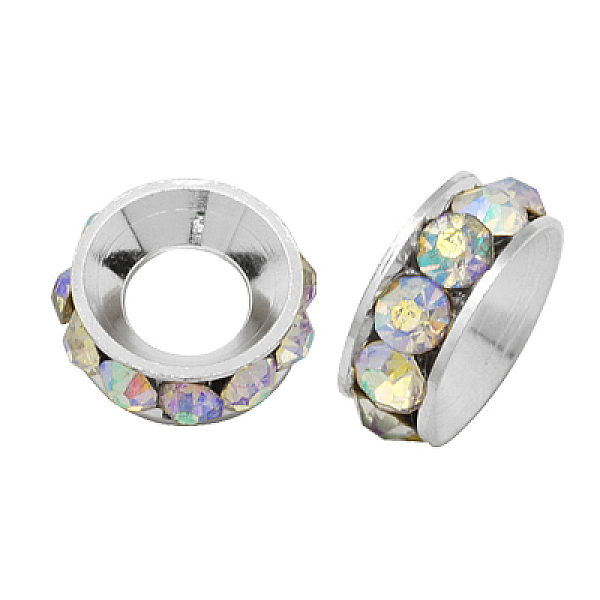 

PandaHall Brass Rhinestone Spacer Beads, Grade A, Rondelle, Silver Color Plated, Crystal AB, 12x5mm Brass+Rhinestone Rondelle Clear