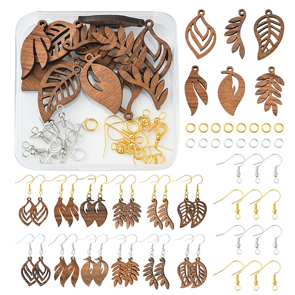 

PandaHall DIY Leaf Earring Making Kit, Including Natural Walnut Wood Pendants, Brass Jump Rings, Iron Earring Hooks, Mixed Color, 40Pcs/box..., Multicolor