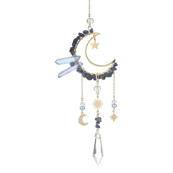 

PandaHall Natural Lapis Lazuli Chips & Brass Moon Pendant Decorations, with Glass Cone and Brass Sun/Star/Moon Charms, for Home Decorations...