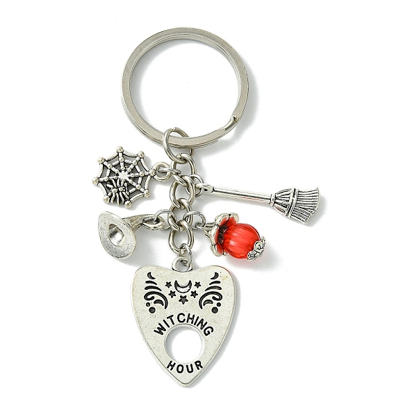 Tibetan Style Alloy Pendants Keychain, with Iron Split Key Rings, with Transparent Acrylic Beads, Heart, Antique Silver & Platinum, 8cm