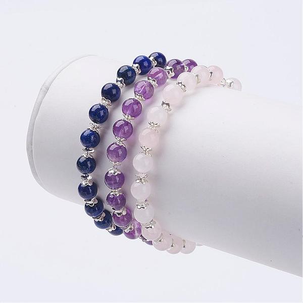 

PandaHall Natural Gemstone Beads Stretch Bracelets, with Brass Bead Caps, Silver Color Plated, 1-7/8 inch(46mm) Mixed Stone Multicolor
