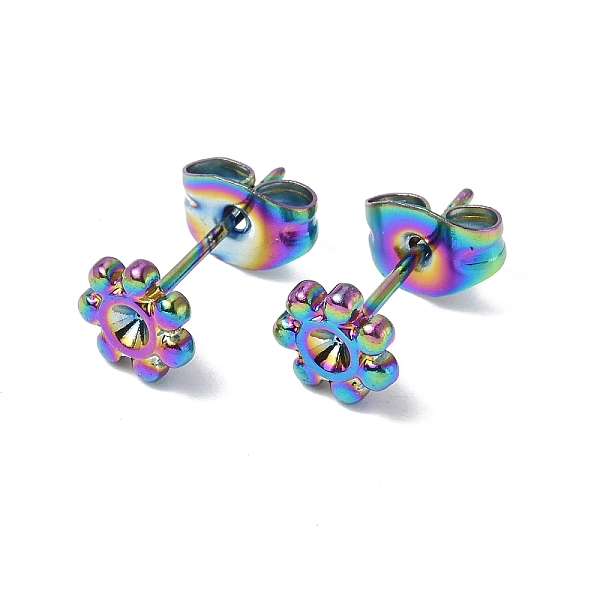 

PandaHall Ion Plating(IP) 304 Stainless Steel Stud Earring Findings, with Rhinestone Setting and Ear Nuts, Flower, Rainbow Color, Fit For...