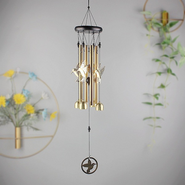 

PandaHall Wood Hanging Wind Chime Decor, with Golden Iron Column Pendants, for Home Hanging Ornaments, Bird, 640x95mm Iron Bird