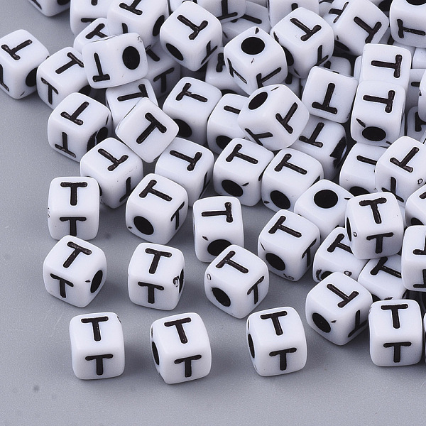 

PandaHall White Opaque Acrylic Beads, Horizontal Hole, Cube with Black Alphabet, Letter.T, 4~5x4~5x4~5mm, Hole: 1.8mm, about...