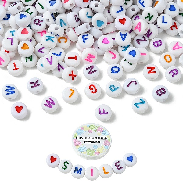 

PandaHall DIY Bracelet Making Kits, Including Letter & Heart Flat Round Acrylic Beads, Elastic Thread, White, 550Pcs/bag Acrylic White
