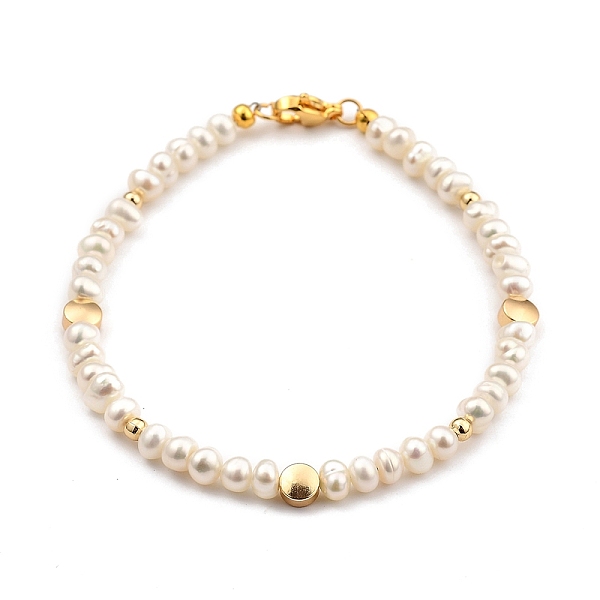 

PandaHall Natural Cultured Freshwater Pearl Beaded Bracelets, with Brass Beads and 304 Stainless Steel Lobster Claw Clasps, Flat Round..., White