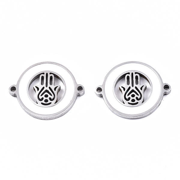

PandaHall 304 Stainless Steel Enamel Links Connectors, Laser Cut, for Religion, Flat Round with Hamsa Hand/Hand of Fatima/Hand of Miriam..., White