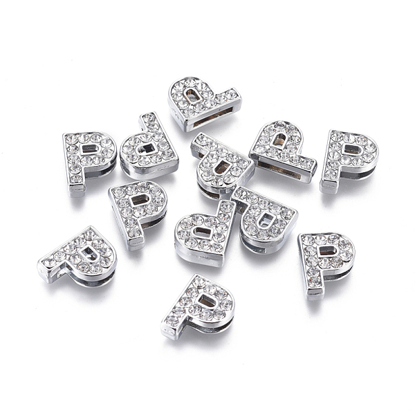 

PandaHall Alloy Initial Slide Charms with Grade A Rhinestones, Lead Free & Nickel Free, Platinum, Letter.P, 12~13x8~13x4~5mm, Hole: 8x2mm..., Clear