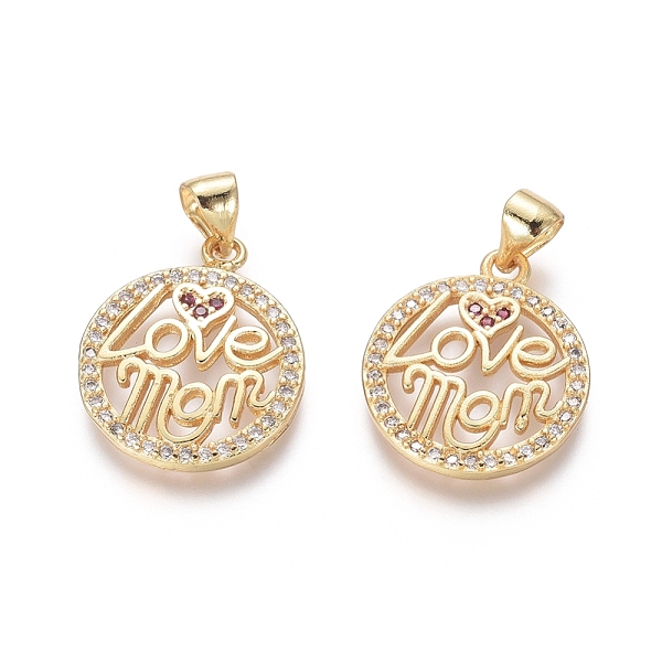 

PandaHall Golden Plated Brass Pendants, with Cubic Zirconia, Flat Round with Word Love Mom, for Mother's Day, Clear, 19x16x2mm, Hole...