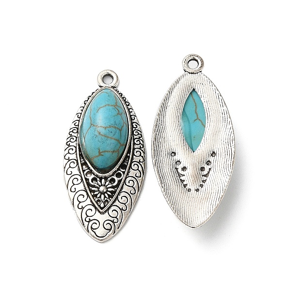 

PandaHall Synthetic Turquoise Pendants, Southwest Style, with Tibetan Style Alloy Findings, Leaf Charms, Antique Silver, 35x15.5x7mm, Hole...