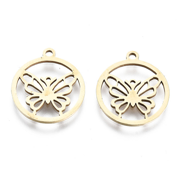 

PandaHall 201 Stainless Steel Pendants, Laser Cut, Ring with Butterfly, Golden, 17x15x1mm, Hole: 1.4mm 201 Stainless Steel Flat Round