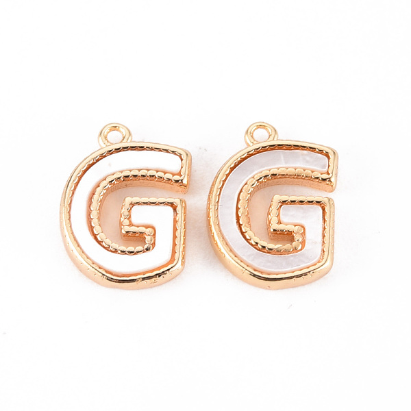 

PandaHall Brass Charms, with Shell, Real 18K Gold Plated, Nickel Free, Letter.G, 11x8x2mm, Hole: 0.9mm White Shell Letter G