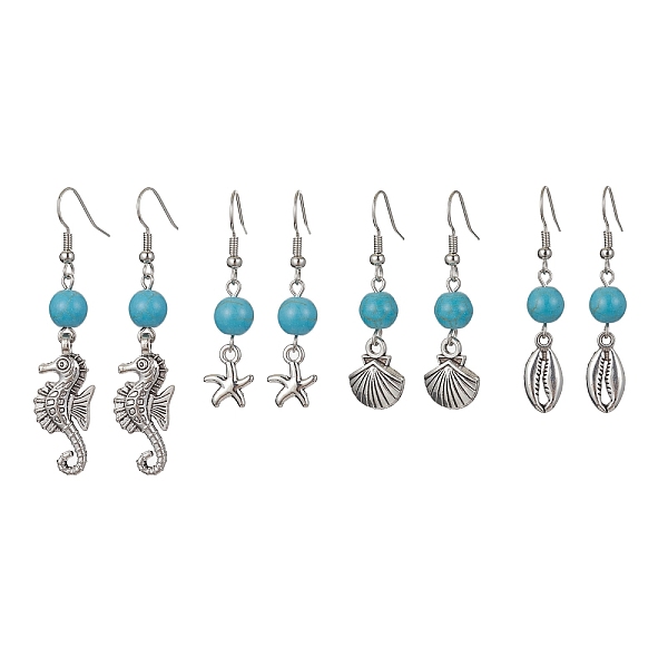 

PandaHall Synthetic Turquoise Beaded Dangle Earrings, Tibetan Style Alloy Ocean Theme Earrings, Mixed Shape, Antique Silver, 40~56x8~12mm...