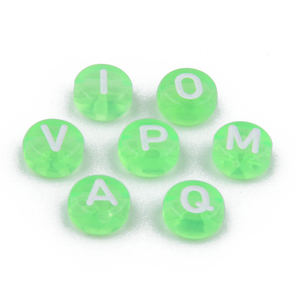 

PandaHall Transparent Acrylic Enamel Beads, Horizontal Hole, Flat Round with Mixed White Letters, Lime, 7x4mm, Hole: 1.5mm, about..., Green