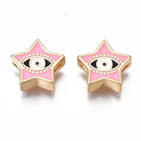 PandaHall Brass Enamel Beads, Nickel Free, Golden, Star with Evil Eye, Pink, 11x11.5x4mm, Hole: 1.2mm Brass+Enamel Star Pink