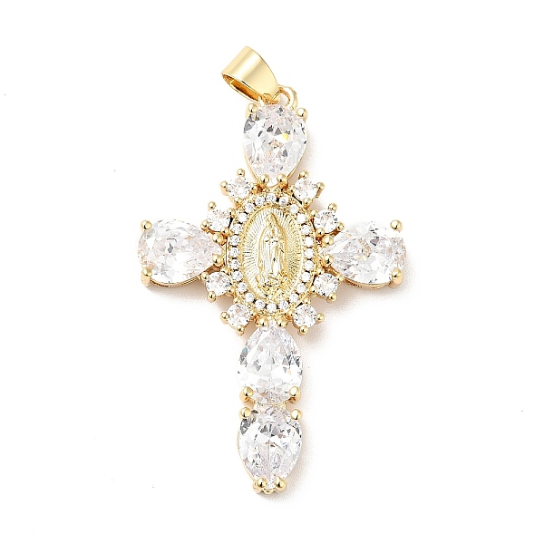 

PandaHall Rack Plating Brass Micro Pave Cubic Zirconia Pendants, Cadmium Free & Lead Free, Real 18K Gold Plated, Cross with Saint, Clear...