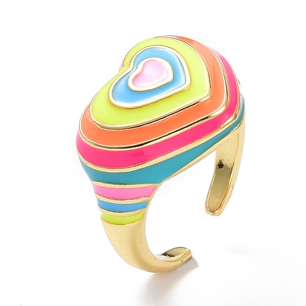

PandaHall Brass Enamel Cuff Rings, Real 18K Gold Plated, Long-Lasting Plated, Heart, Colorful, US Size 6 1/2(16.9mm), 2.5~5mm Brass
