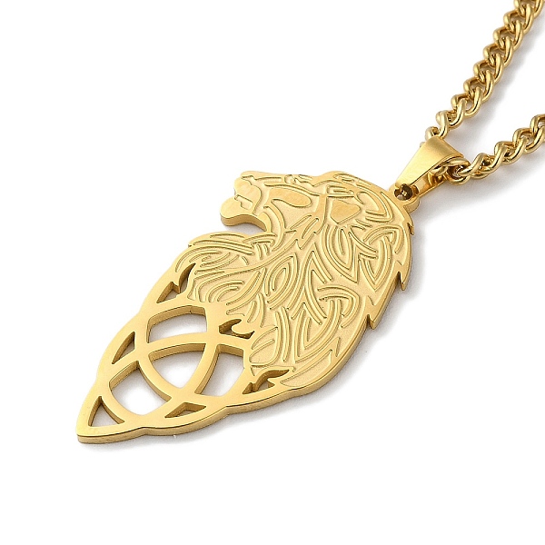 

PandaHall 304 Stainless Steel Pendant Necklaces, Lion with Witch Knot, Golden, 17.72 inch(45cm). 304 Stainless Steel Lion