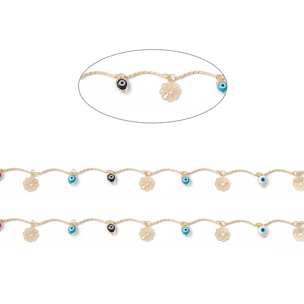 

PandaHall Handmade Eco-friendly Brass Curved Bar Link Chain, with Flower & Glass Horse Eye Charms, Real 18K Gold Plated, Lead Free & Cadmium...