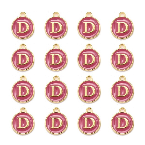 

PandaHall Golden Plated Alloy Enamel Charms, Cadmium Free & Lead Free, Enamelled Sequins, Flat Round with Letter, Camellia, Letter.D..., Pink