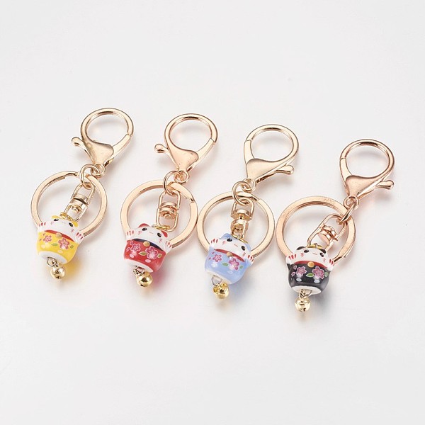 

PandaHall Handmade Porcelain Kitten Keychain, with Alloy Lobster Clasps, Iron Bell & Key Rings, Maneki Neko/Beckoning Cat, Golden, Mixed..., Multicolor