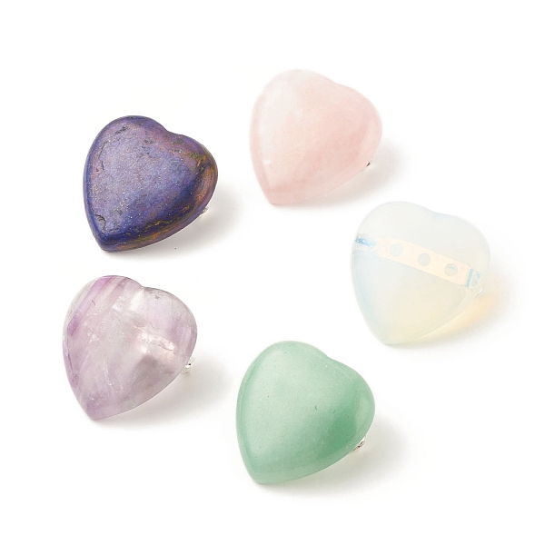 

PandaHall Gemstone Heart Lapel Pin, Badge for Backpack Clothes, Stainless Steel Color, 30~31x30~30.5x7~8mm Mixed Stone