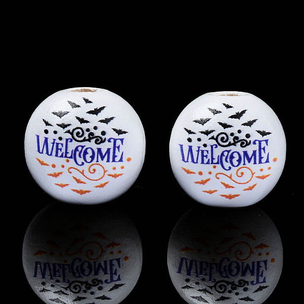 

PandaHall Halloween Printed Natural Wood Beads, Round with Bat & Word Welcome, Slate Blue, 15.5x14.5mm, Hole: 4mm Wood Round