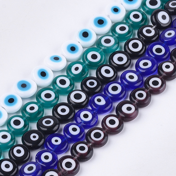 

PandaHall Handmade Evil Eye Lampwork Beads Strands, Flat Round, Mixed Color, 9.5x3.5mm, Hole: 1.2mm, about 38pcs/strand, 14.1 inch~14.5 inch..., Multicolor