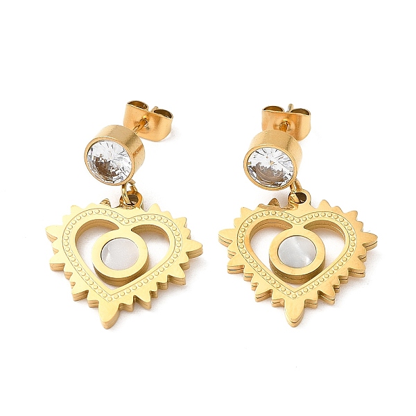 

PandaHall Ion Plating(IP) 304 Stainless Steel Hollow Heart Dangle Stud Earrings, Clear Cubic Zirconia & Natural Shell Drop Earrings, Golden...