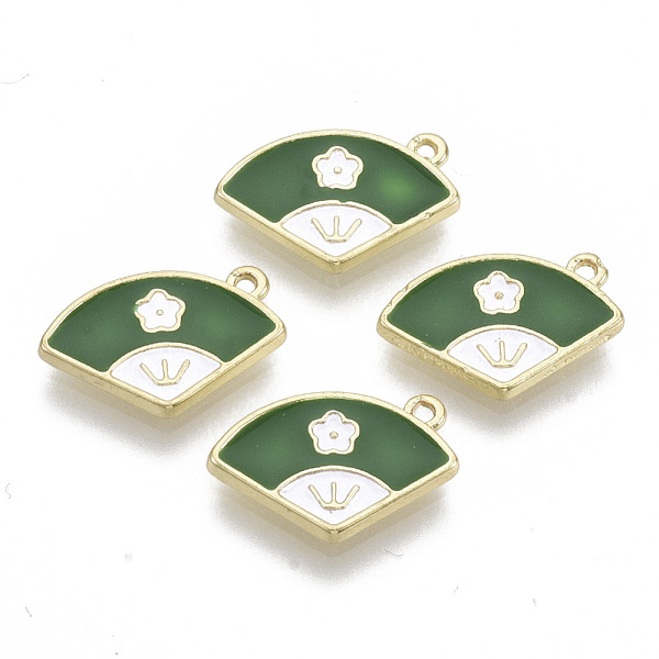 

PandaHall Alloy Charms, with Enamel, Fan with Flower, Light Gold, Green, 10x15x1.5mm, Hole: 1.2mm Alloy+Enamel Fan Green