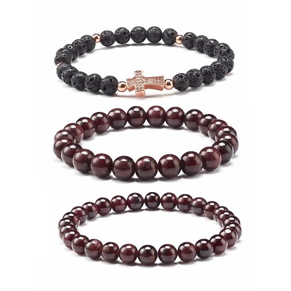 

PandaHall Natural Garnet & Lava Rock Round Beads Stretch Bracelets Set, Cross Brass Micro Pave Cubic Zirconia Beads Bracelets for Men Women..., Clear