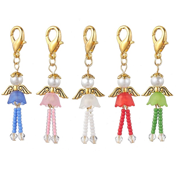

PandaHall Glass Seed Bead Pendant Decorations, with Glass Pearl Beads, Acrylic Beads and Zinc Alloy Lobster Claw Clasps, Angel, Angel &...