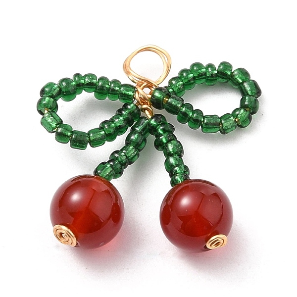 

PandaHall Glass Seed Beads Pendants, with Natural Red Agate Carnelian Beads and Copper Wire, Bowknot, Green & Red, Real 18K Gold Plated...