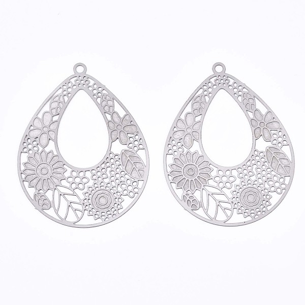 

PandaHall 304 Stainless Steel Filigree Pendants, Etched Metal Embellishments, Teardrop with Leaf, Stainless Steel Color, 38.5x30x0.3mm, Hole...