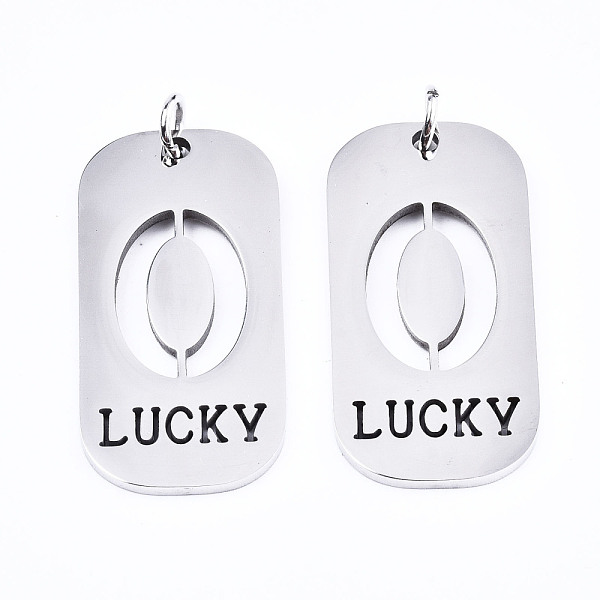 PandaHall 201 Stainless Steel Pendants, Laser Cut, with Jump Rings, Rectangle with Number and Word LUCKY, Stainless Steel Color, Num.0...