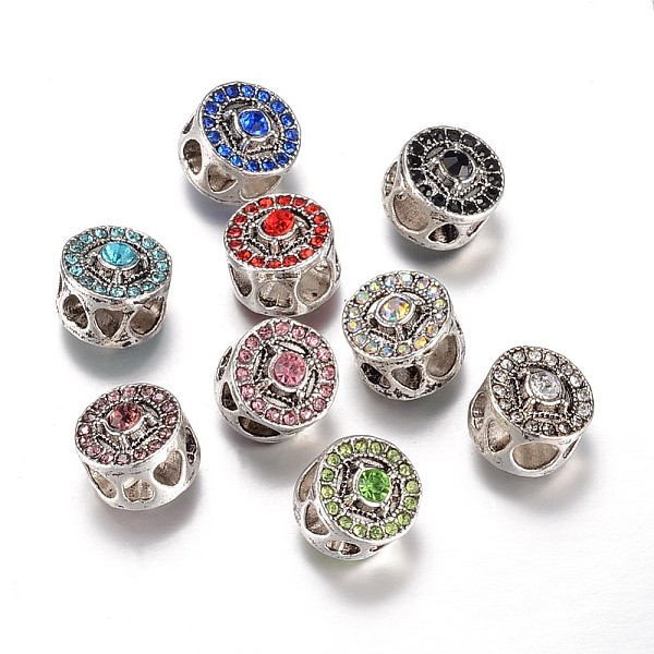 

PandaHall Alloy European Beads, with Rhinestones, Large Hole Beads, Flat Round, Antique Silver, Mixed Color, 11x11mm, Hole: 4.5mm..., Multicolor