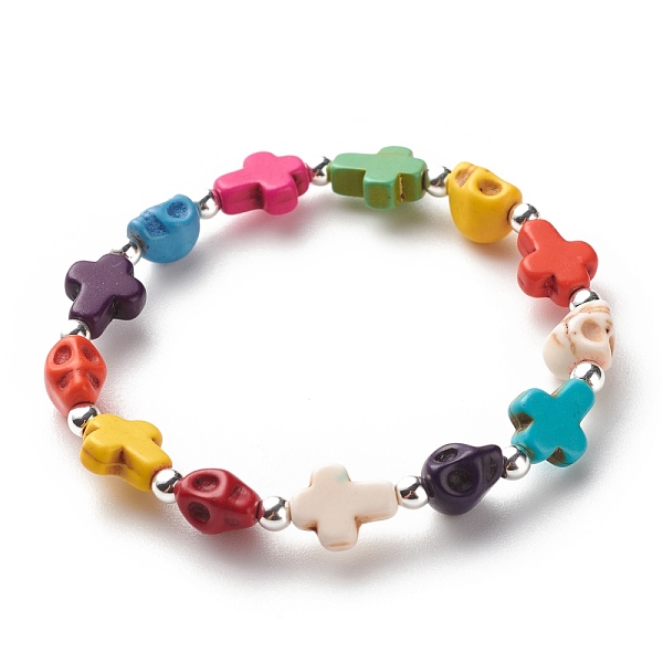 Synthetic Turquoise(Dyed) Cross & Skull Beaded Stretch Bracelet