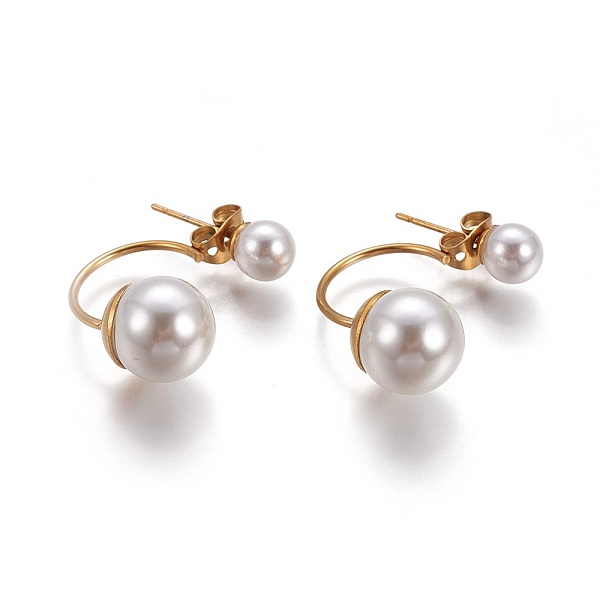 

PandaHall 304 Stainless Steel Stud Earrings, with Plastic Beads, Golden, 21~24x10x10mm, Pin: 0.7mm Plastic White