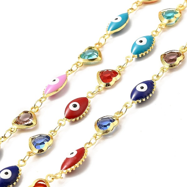 

PandaHall Handmade Brass Evil Eye Enamel Link Chain, with Brass Rhinestone Links, Soldered, with Spool, Horse Eye & Heart, Cadmium Free &..., Multicolor