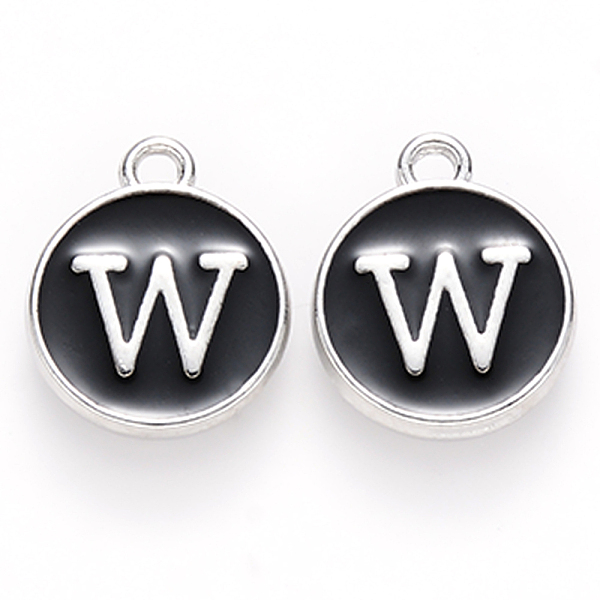 

PandaHall Platinum Plated Alloy Charms, Cadmium Free & Lead Free, with Enamel, Enamelled Sequins, Flat Round with Letter, Letter.W..., Black