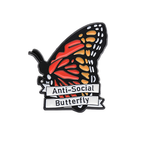 PandaHall Butterfly with Word Anti-Social Safety Brooch Pin, Alloy Enamel Badge for Suit Shirt Collar, Women, Colorful, 29x26mm Alloy+Enamel...
