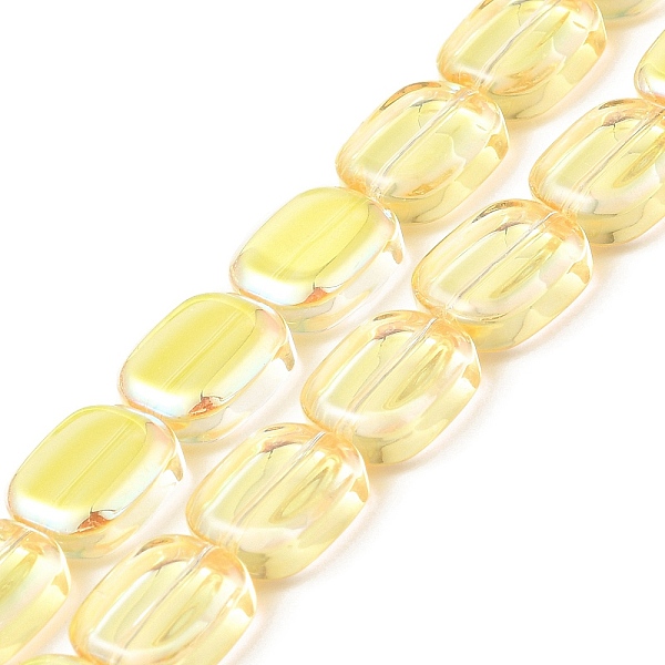 

PandaHall Transparent Electroplate Glass Bead Strands, Half Rainbow Plated, Rectangle, Yellow, 12x10x4.5mm, Hole: 1mm, about 55pcs/strand...