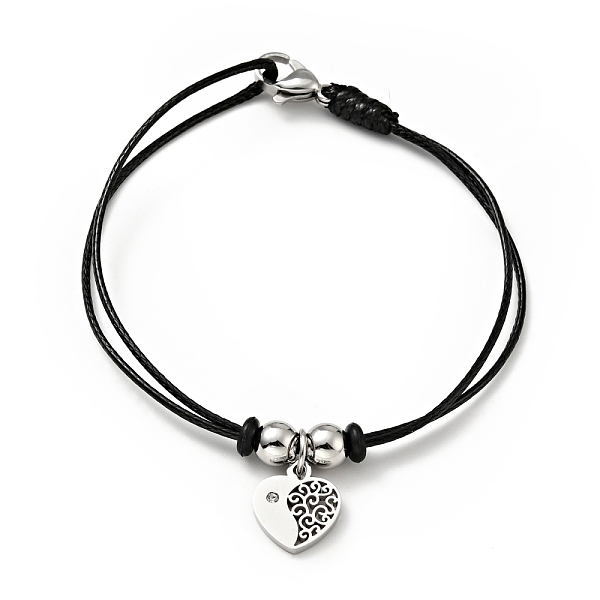 

PandaHall 304 Stainless Steel Heart Charm Bracelet with Waxed Cord for Women, Stainless Steel Color, 7 inch(17.8cm) Waxed Cord Black