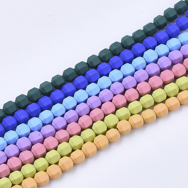 PandaHall Spray Painted Non-magnetic Synthetic Hematite Beads Strands, Faceted, Polygon, Mixed Color, 6x5x6mm, Hole: 1mm, about 70pcs/strand...