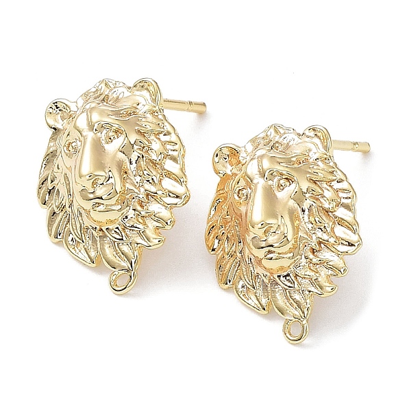 PandaHall Brass Stud Earring Finding, with Horizontal Loop, Lion, Real 18K Gold Plated, 15.5x12.5mm, Hole: 0.9mm, Pin: 0.7mm Brass Lion