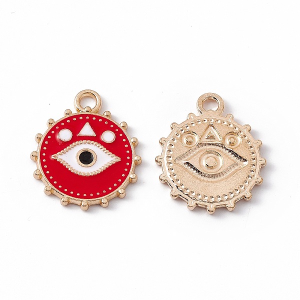 

PandaHall Alloy Enamel Pendants, Light Gold, Flat Round with Eye Pattern, Red, 21.5x18x2mm, Hole: 2.5mm Alloy+Enamel Flat Round Red