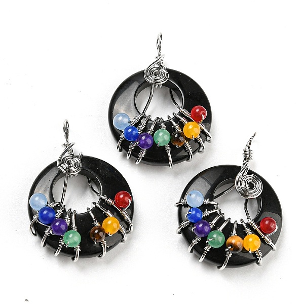 

PandaHall Chakra Natural Obsidian Flat Round Pendants, 7 Chakra Charms with Rack Plating Copper Wire Wrapped, Platinum, 39x28~29x11~23mm...