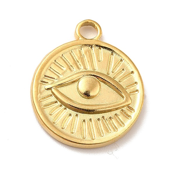 

PandaHall Ion Plating(IP) 304 Stainless Steel Pendants, Flat Round with Eye Charms, Real 18K Gold Plated, 20x17x2.5mm, Hole: 2.5mm 304...